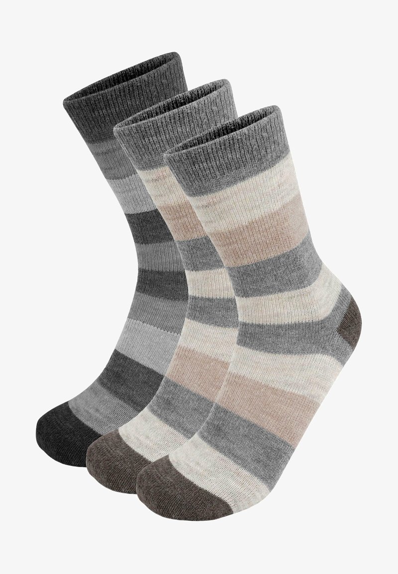 Drei Paar Wollmischsocken zeigen unterschiedliche Streifen in Grau und Beige. Jede Socke hat einen gerippten Bund und verstärkte Zehen in dunkleren Farbtönen.