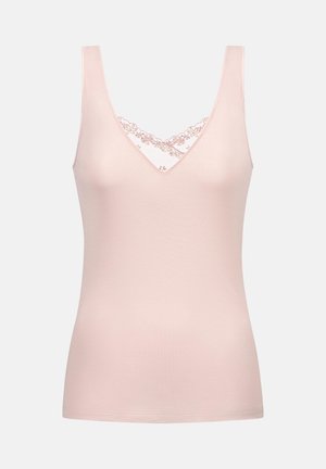 Light pink tank top featuring a V-neck with decorative lace trim and adjustable straps, made from soft, smooth material.