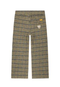 Pantalones de cuadros en beige, negro y amarillo; cuentan con un pequeño parche de oso en el bolsillo trasero; diseño de pierna recta.