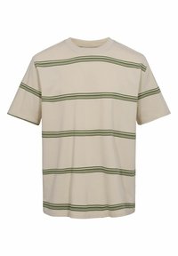 Camiseta de algodón beige con mangas cortas y rayas horizontales verdes. Escote redondo y dobladillo recto. Textura suave.