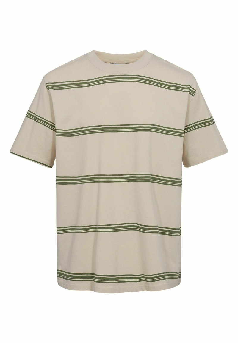Camiseta de algodón beige con mangas cortas y rayas horizontales verdes. Escote redondo y dobladillo recto. Textura suave.