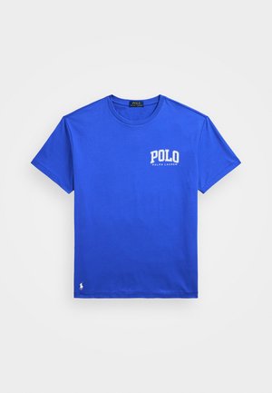 Blå bomull T-skjorte med korte ermer, med en hvit "POLO RALPH LAUREN" logo på venstre bryst og en liten logo-detalj på kanten.