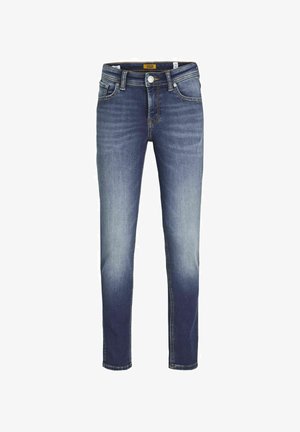Dunkelblaue Denim-Jeans mit einem verblassten Wasch-Effekt, Slim-Fit, Fünf-Taschen-Design, Knopfverschluss und dezenten Stickdetails.