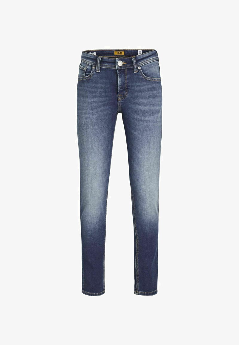 Temno modri kavbojki iz džinsa z izbledelim izgledom, ozkega kroja, pet-pocket zasnovo, gumbasto zapiranje in subtilne šivane detajle.