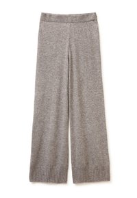 Graue Strickhose mit weit geschnittenem Design, ausgestattet mit einem gerippten Bund und strukturierten Bündchen am Saum. Aus weichem Stoff gefertigt.