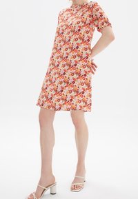 Robe fleurie avec un col rond, des manches courtes et une silhouette en A. Présente un motif multicolore sur un fond clair.