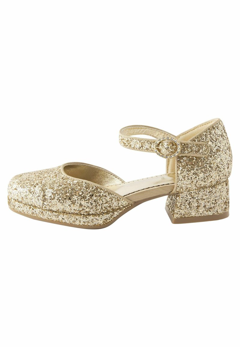 Goldene Glitzer-Mary-Jane-Schuhe mit einer abgerundeten Zehenpartie, flachem Blockabsatz und verstellbarem Riemen mit einer runden Schnalle. Glatte Innenauskleidung.
