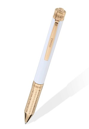 Golyóstoll fehér hengerrel és arany díszítéssel. Gravírozott mintákkal és a Versace logójával a kapcsán és az alján.