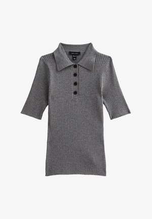 Grey ribbed knit polo shirt with a collar, short sleeves, and a button-down front featuring four dark buttons.