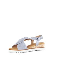 Lichtblauwe suède wedge sandalen met een kruisstrapontwerp, een kurkachtige hak en een witte gestructureerde zool. Verstelbare enkelband voor een goede pasvorm.