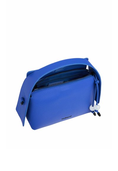 Borsa in pelle blu con superficie texturizzata, manico curvato e scomparti con zip. Presenta dettagli metallici chiari.