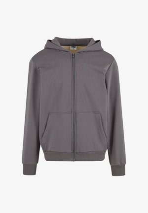 Grauer Kapuzenpullover mit Reißverschluss, Fronttaschen, gerippten Bündchen und Kapuze, dargestellt auf weißem Hintergrund.