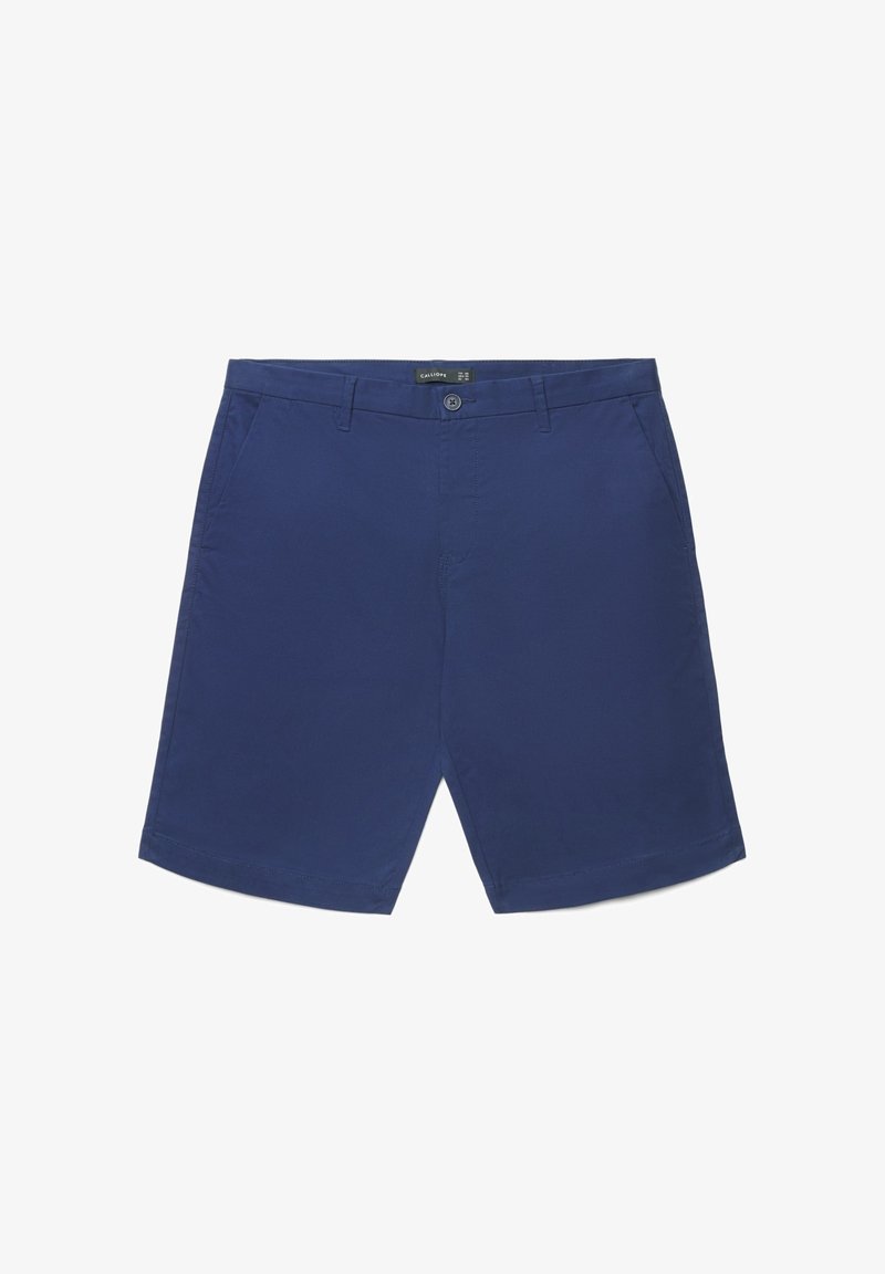 Shorts pour homme bleu marine longueur genoux avec passants de ceinture, fermeture avant par bouton et zip, et poches latérales, posés à plat sur fond blanc.