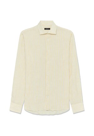 Cămașă cu mânecă lungă cu nasturi, cu dungi verticale galbene și albe, guler larg și mansete cu nasturi, prezentată întinsă pe un fundal alb.