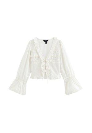 Witte blouse met lange mouwen, diepe V-hals, ruches, kanten details en uitlopende manchetten die aan de voorkant met dunne koordjes zijn gestrikt.