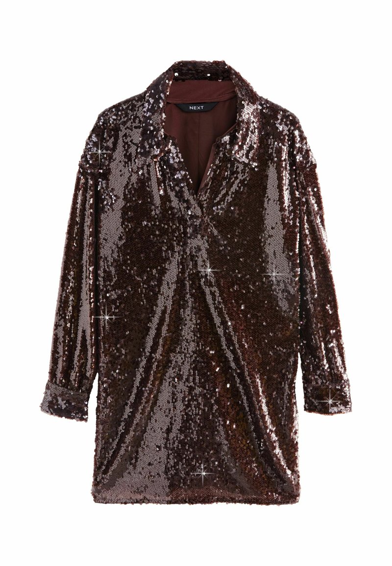 Next - REGULAR FIT - LONG SLEEVE SEQUIN MINI - Kokteilinė suknelė / vakarėlių suknelė - chocolate brown, Padidinti