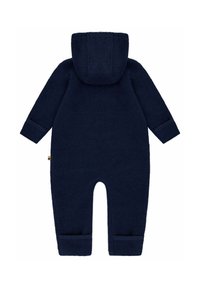 Marineblauer Fleece-Overall mit Kapuze, langen Ärmeln und elastischen Bündchen. Verfügt über einen runden Ausschnitt im Rücken und ein kleines Akzentetikett.