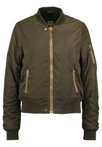 Olivově zelená bomber bunda vyrobená z lesklé látky, s předním zipem, dvěma bočními kapsami na zip, žebrovanými manžetami a malou nášivkou na rameni.