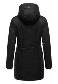 Zwarte waterdichte parka jas met capuchon, met een slank ontwerp, lange mouwen en zijzakken, gemaakt van een gestructureerde stof.