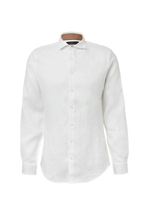 Chemise blanche en lin à manches longues avec un col pointu, un devant boutonné et un ourlet arrondi. Comprend de petits boutons blancs et une texture lisse.