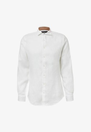 Biała lniana koszula z długim rękawem, z ostro zakończonym kołnierzykiem, zapinana z przodu na guziki, z zaokrąglonym dołem. Posiada małe, białe guziki i gładką fakturę.