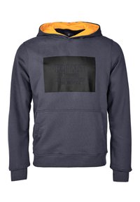 Granatowa bluza z kapturem z ż ółtym wykończeniem, z przodu czarną prostokątną naszywką z wytłoczonym napisem "TOP GUN 69TH DIVISION AN AMERICAN ICON."