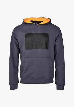 Marineblå hættetrøje med gul foer, med en front sort rektangulær lap med præget tekst "TOP GUN 69TH DIVISION AN AMERICAN ICON."