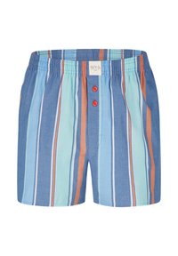 Costumi da bagno da uomo, blu con strisce verticali in acquamarina, arancione e bianco; presentano una vita elastica e bottoni decorativi rossi.