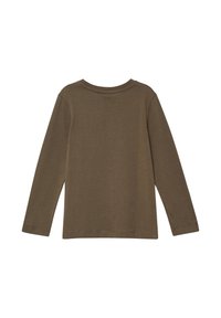 Jednolity oliwkowozielony dziecięcy longsleeve z okrągłym dekoltem, wyeksponowany na płasko, ukazujący tył.