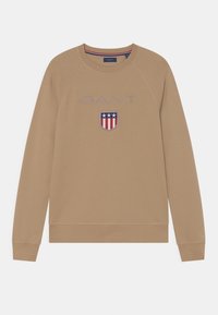 Beżowy sweatshirt z rękawami raglanowymi, z logo "GANT" i wzorem tarczy w czerwonych, białych i niebieskich akcentach. Wykonany z miękkiej bawełny.