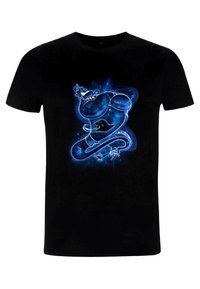 Black t-shirt featuring a blue galaxy-themed graphic, depicting a genie and a character with swirling elements and a lamp accent.