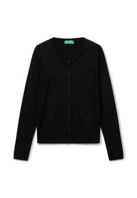 Zwarte gebreide cardigan met een ronde halslijn, zeven knoopsluitingen en lange mouwen. Zachte textuur en geribde boorden en onderrand.
