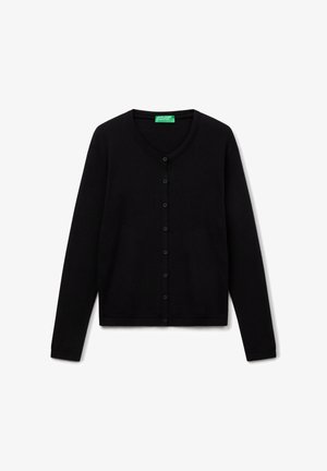 Černý pletený cardigan s kulatým výstřihem, se sedmi knoflíkovými uzávěry a dlouhými rukávy. Měkká textura a žebrované manžety a spodní lem.