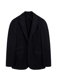 Blazer de lana negro de un solo pecho con solapas de muesca, dos bolsillos frontales con solapa, cierre de un botón y bolsillo en el pecho.