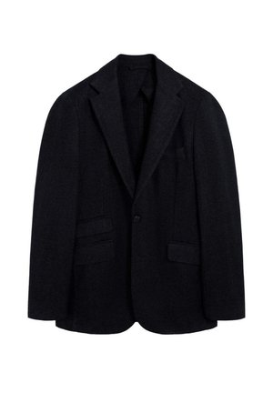 Blazer de lana negro de un solo pecho con solapas de muesca, dos bolsillos frontales con solapa, cierre de un botón y bolsillo en el pecho.