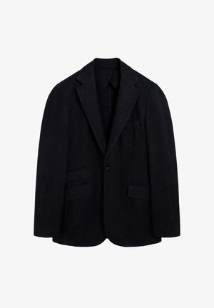 Blazer de lana negro de un solo pecho con solapas de muesca, dos bolsillos frontales con solapa, cierre de un botón y bolsillo en el pecho.