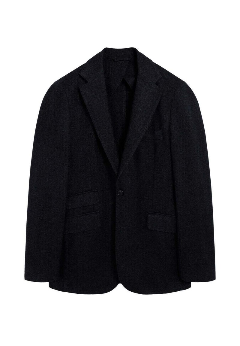 Blazer de lana negro de un solo pecho con solapas de muesca, dos bolsillos frontales con solapa, cierre de un botón y bolsillo en el pecho.