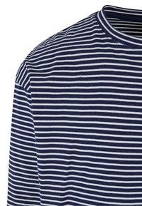 Navy and white striped long-sleeve shirt, featuring a round neckline and soft, textured fabric. Horizontal stripes are evenly spaced.