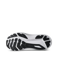 Suola di scarpa atletica con base bianca e battistrada nero testurizzato. Presenta scanalature e motivi per la trazione e il supporto.