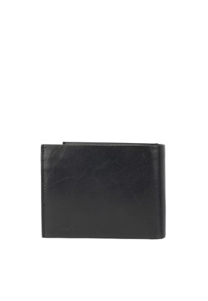 Portafoglio bifold in pelle nera chiuso con cuciture visibili sui bordi su sfondo bianco.