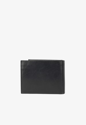 Black leather bifold wallet closed with visible stitching on edges against a white background.