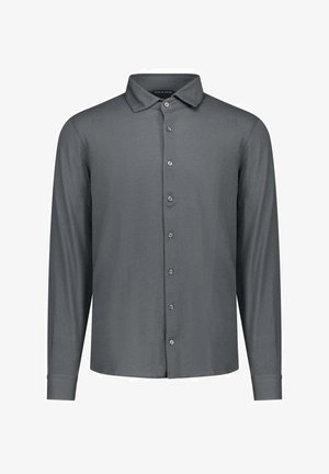 Camicia grigio scuro a maniche lunghe con collo classico e sette bottoni visibili davanti.