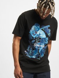 Black cotton t-shirt featuring a vibrant blue illustrated design of a boy with a baseball bat, surrounded by leaves and "HOME RUN" text.