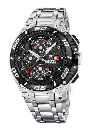 Orologio da polso Festina Chrono Bike in metallo argento con quadrante nero, tre subquadranti, lancette luminose e datario che mostra il 20.
