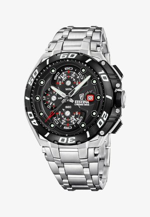 Orologio da polso Festina Chrono Bike in metallo argento con quadrante nero, tre subquadranti, lancette luminose e datario che mostra il 20.