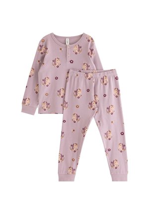 Børns to-delte lavendel pyjamasæt med enhjørning og blomster mønstre, lange ærmer, knappet krave og bukser med elastisk talje.