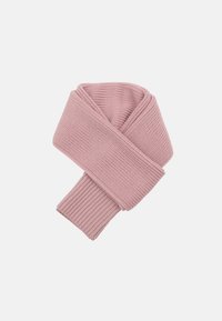 Pleteni šal v mehki roza barvi, z teksturiranim vzorcem in rebrastimi konci, zasnovan za toplino in udobje. Ima približno 40 cm širine.