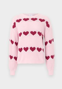 Ανοιχτό ροζ πλεκτό πουλόβερ με σειρές από σκούρα ροζ σχέδια καρδιών στο στήθος, τα μανίκια και τη μέση, με στρογγυλή λαιμόκοψη.