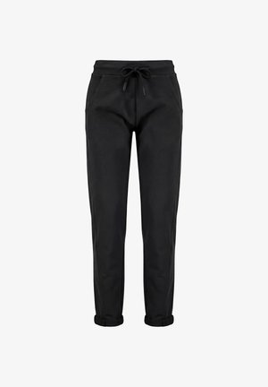Zwarte taps toelopende broek met elastische tailleband, voorzakken, trekkoord en opgerolde pijpen.