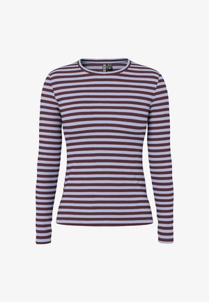 Långärmad ribbad topp med horisontella ränder i vinröd och ljuslila. Rund halsringning, figurnära siluett och mjuk textur.